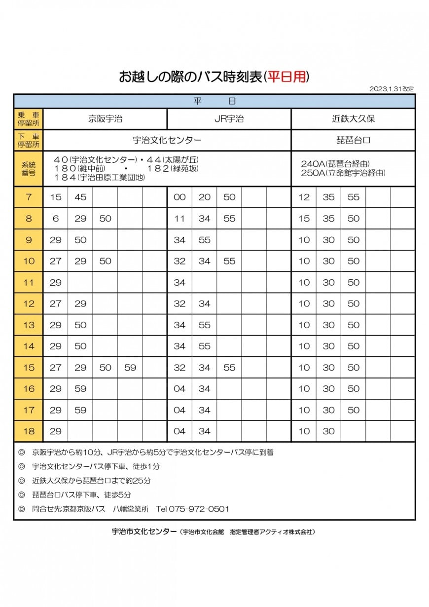 お越しの際のバス時刻表(平日)